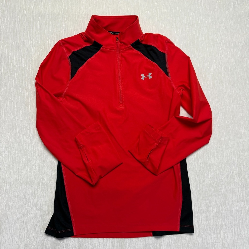 Under Armour Run HeatGear 1/4 Zip Shirt Mens Small Red Fitted Thumbhole Sleeve